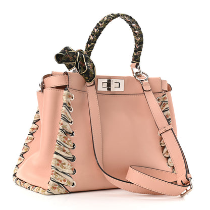 Fendi Vitello Seta Shiny Nappa Ribbon Lace Up Floral Medium Peekaboo Iconic Satchel Baby Pink Multicolor 3 of 12