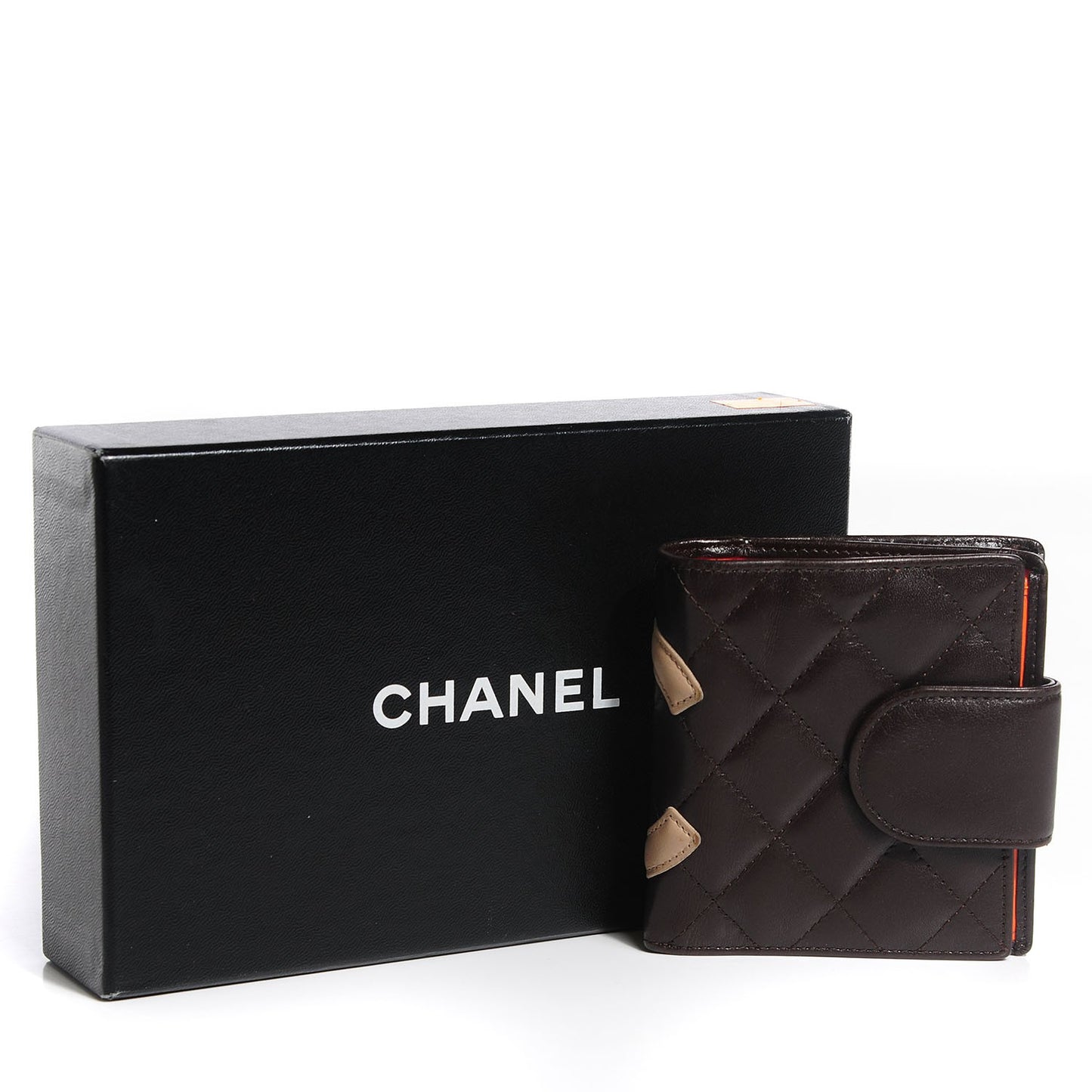 Calfskin Quilted Cambon Bi-fold Wallet Brown