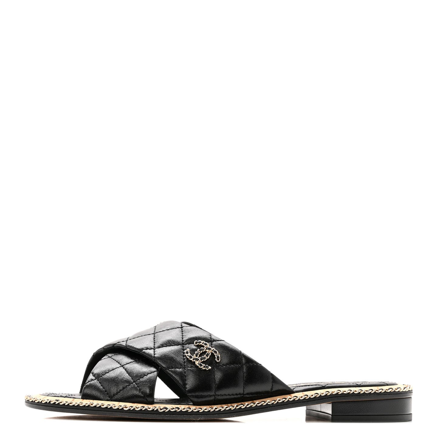 Shiny Lambskin Quilted Chain CC Sandals 40 Black