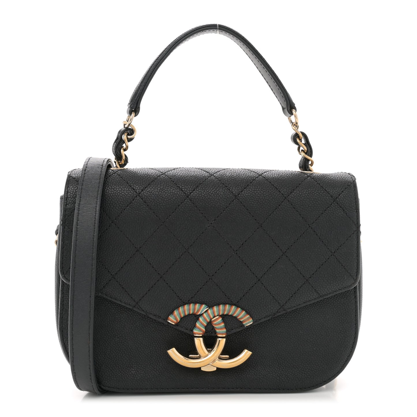Grained Calfskin Quilted Small Cuba Top Handle Flap Black