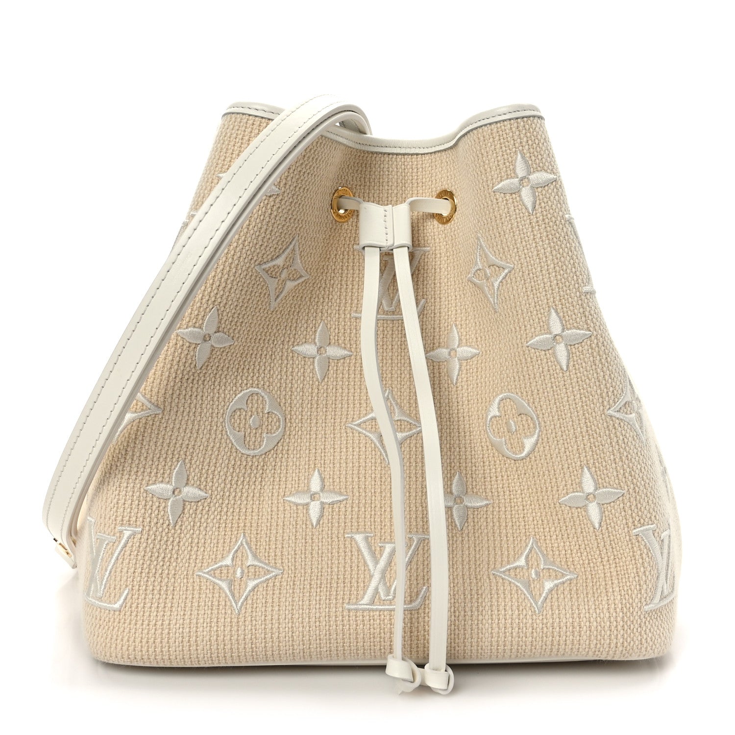 this is an image of LOUIS VUITTON Cotton Monogram Embroidered Neonoe MM in the colors Beige and White by FASHIONPHILE