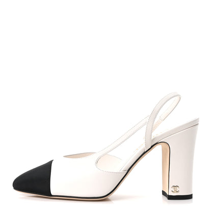 Chanel Lambskin Grosgrain Cap Toe CC Slingback Pumps 40 White Black 1 of 10