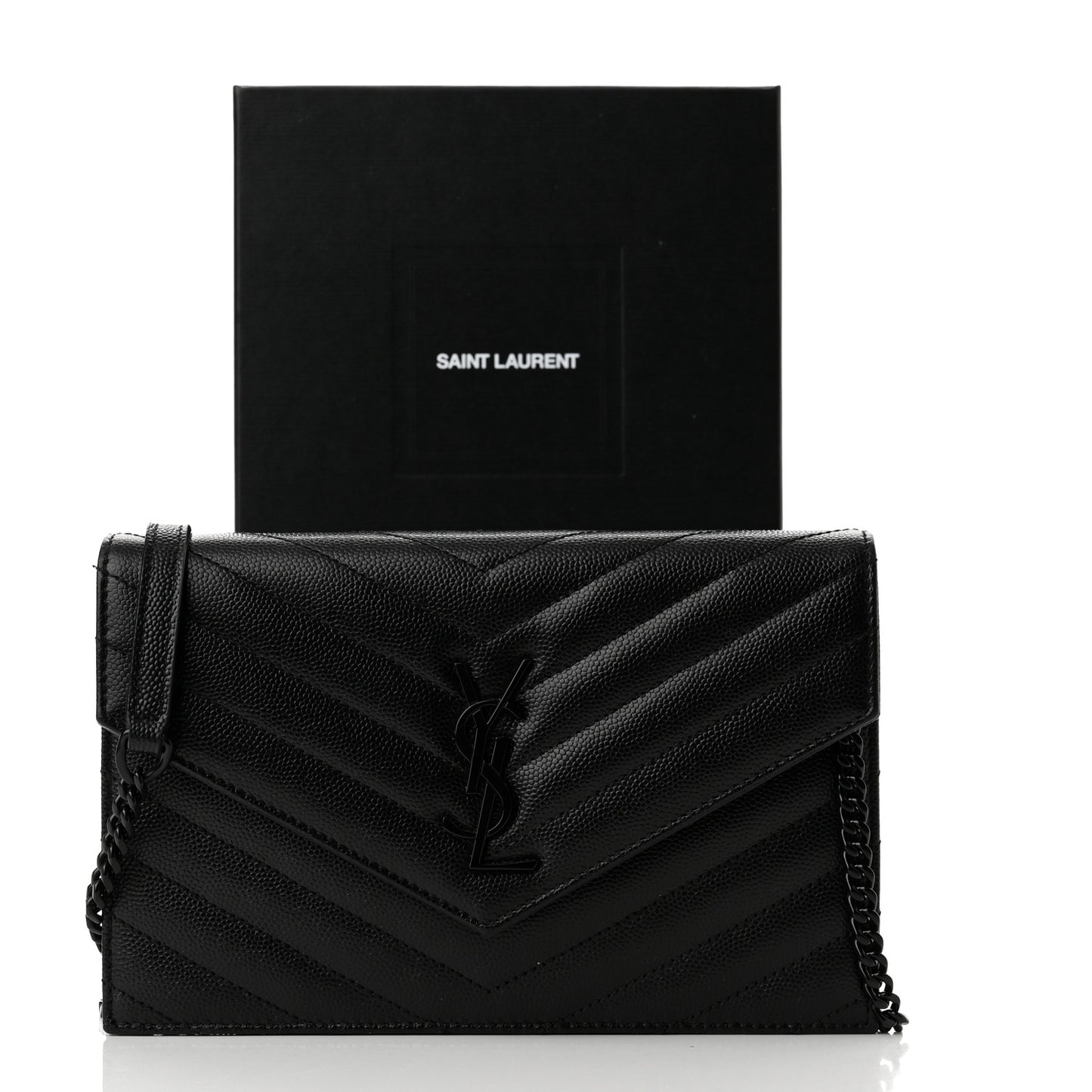 Grain De Poudre Matelasse Chevron Monogram Monochrome Envelope Chain Wallet Black
