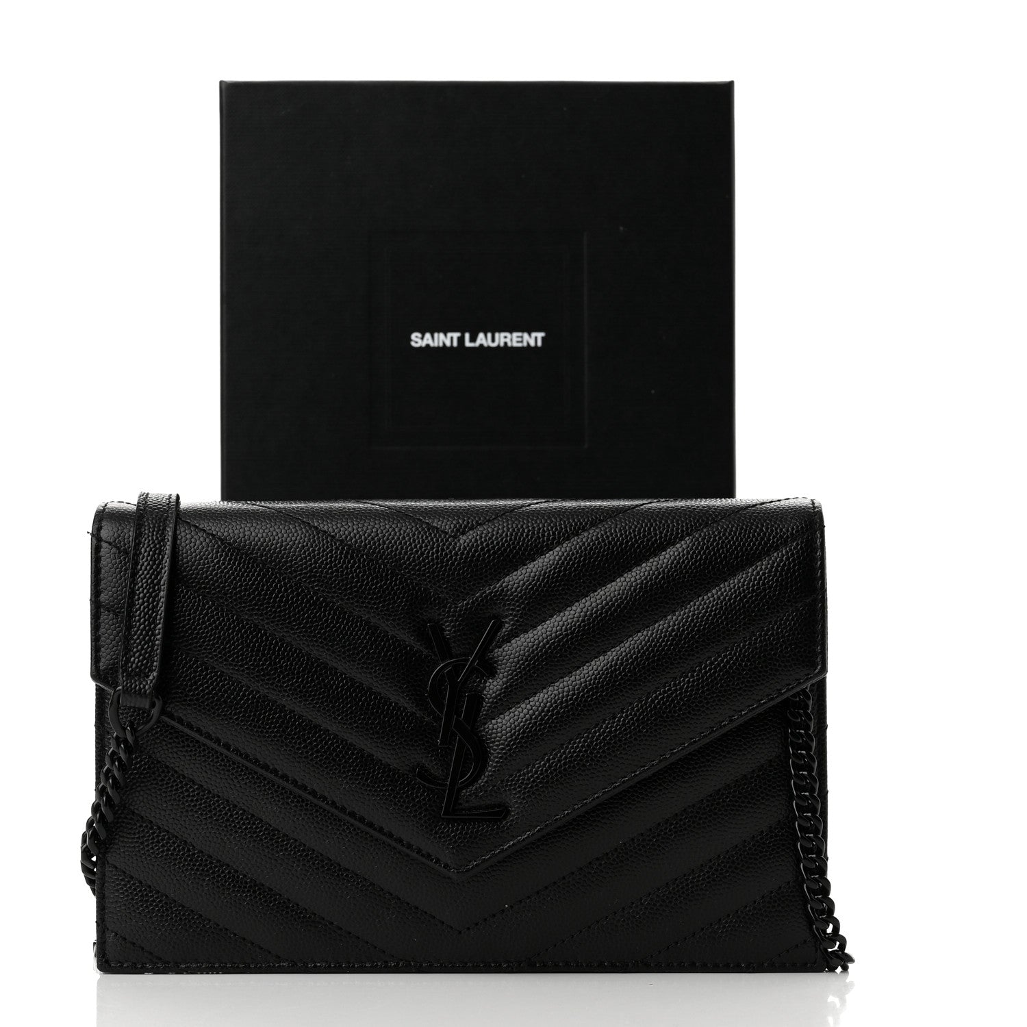 Saint Laurent Grain De Poudre Matelasse Chevron Monogram Monochrome Envelope Chain Wallet Black 10 of 10
