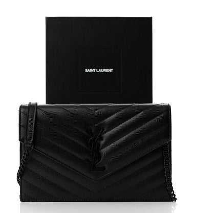 Saint Laurent Grain De Poudre Matelasse Chevron Monogram Monochrome Envelope Chain Wallet Black 10 of 10