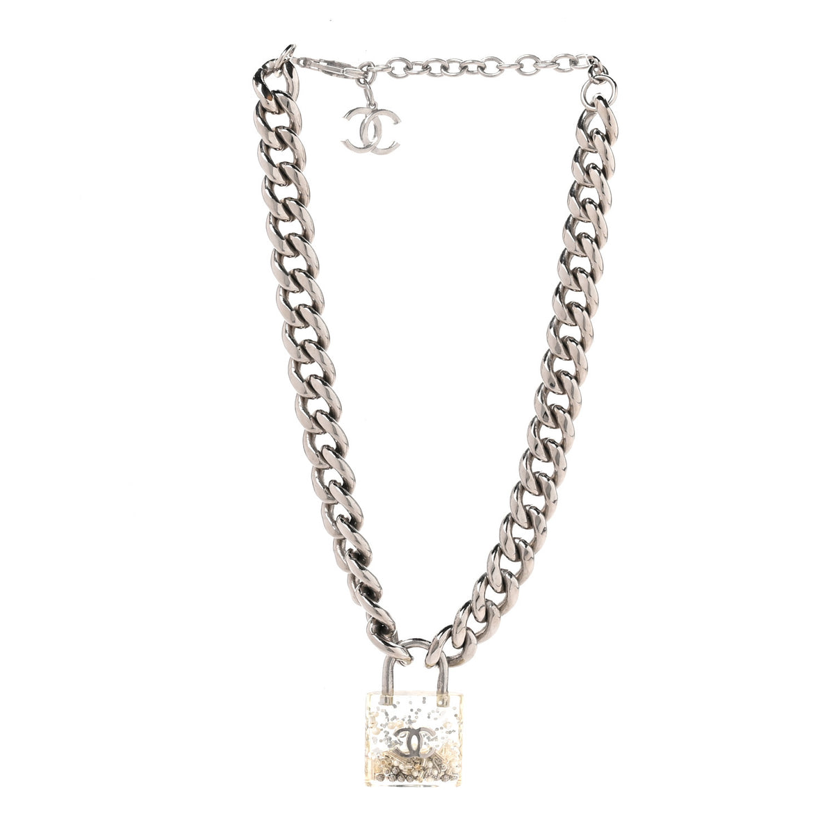 Chanel Resin CC Oversized Padlock Chain Necklace Silver Pearly White 3 of 4