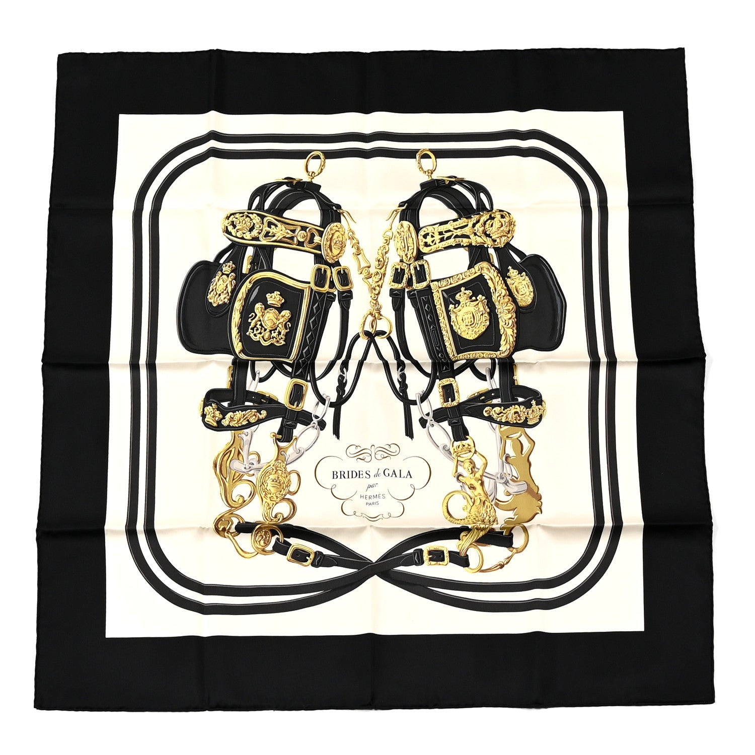 Hermes Silk Brides De Gala Scarf 90 Black Creme Gold 1 of 5