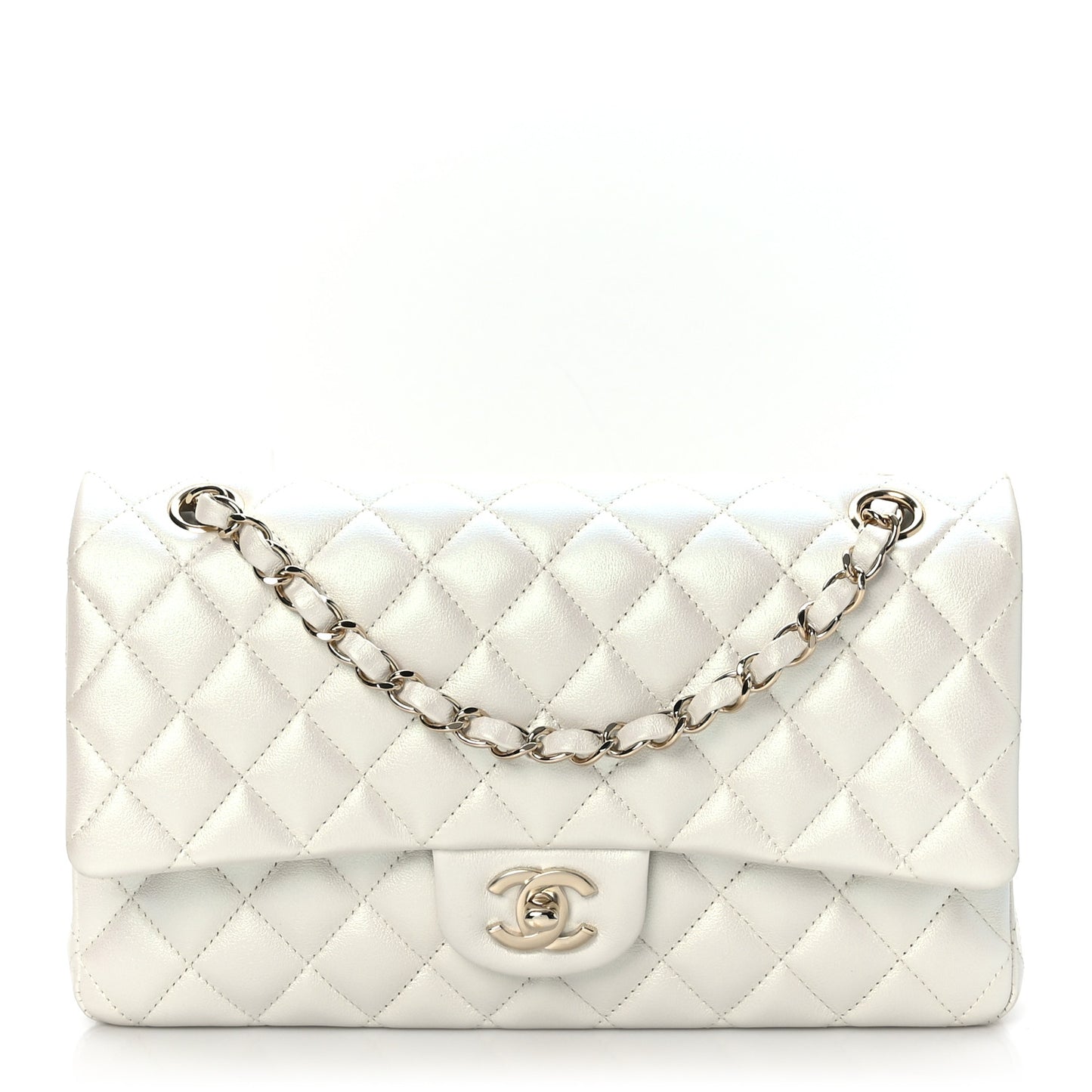 Iridescent Calfskin Quilted Medium Double Flap White