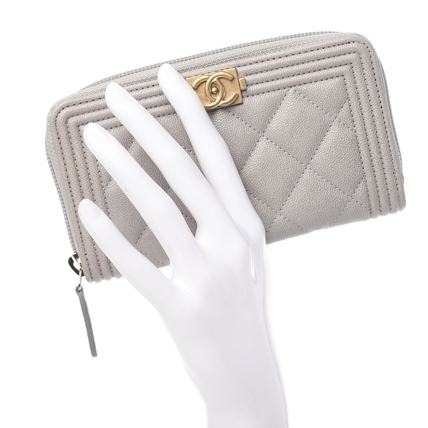 Caviar Quilted Boy Small Zip Around Wallet Grey