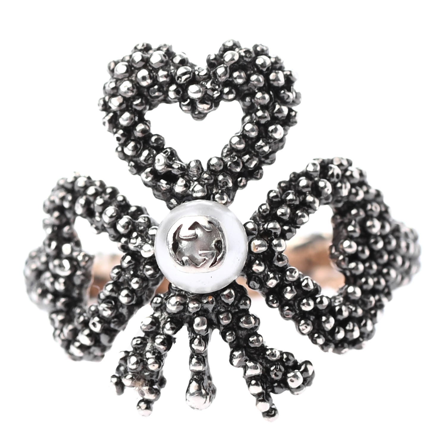 Gucci Sterling Silver Glass Pearl Aureco Clover Ring 55 7.25 Aged Silver 1 of 5