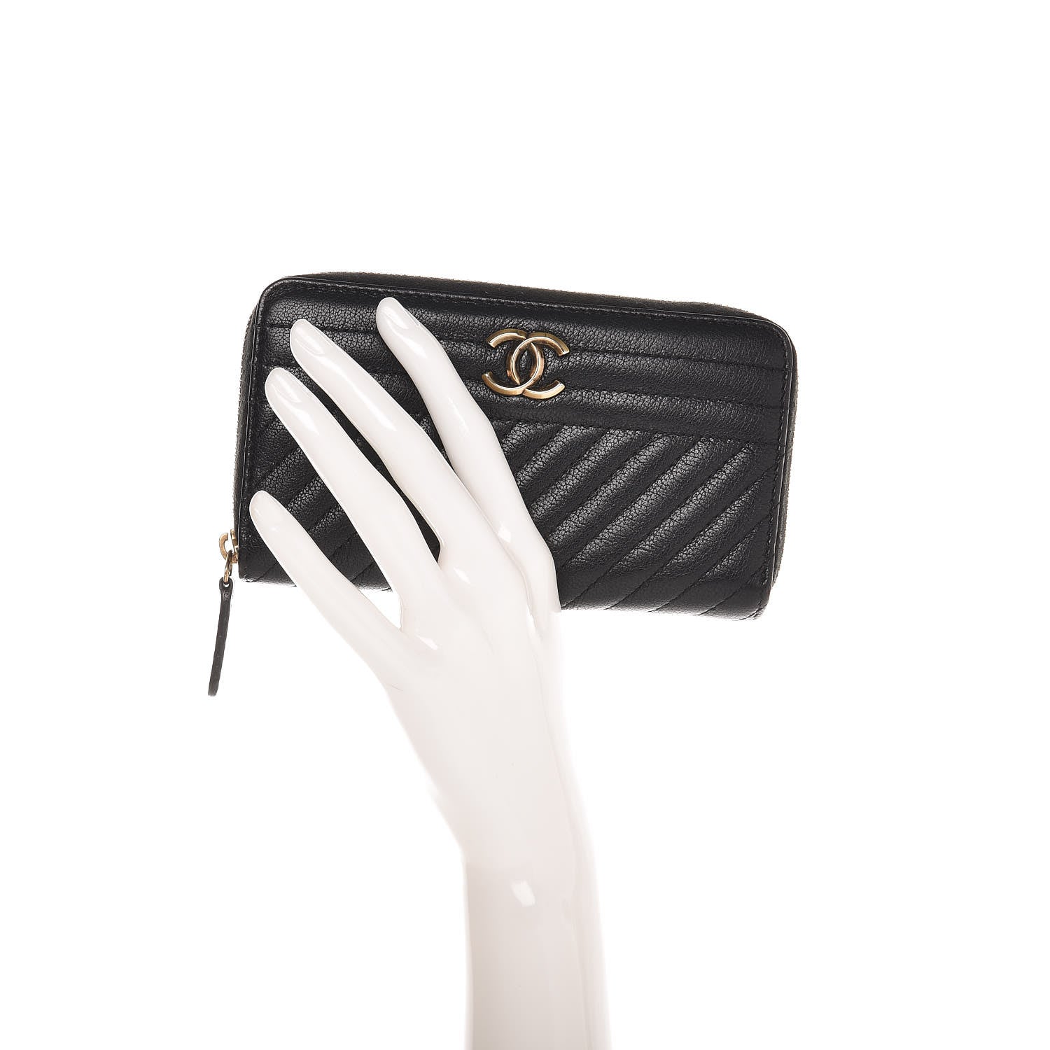 Chanel Shiny Goatskin Diagonal Quilted Small Zip Around Wallet Black 2 of 8