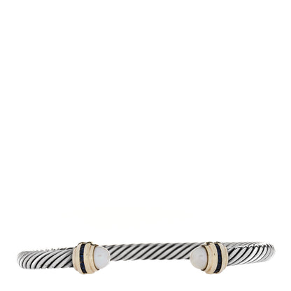 David Yurman Sterling Silver 14K Yellow Gold Cultured Pearl Blue Sapphire 5mm Cable Classics Bracelet 1 of 5
