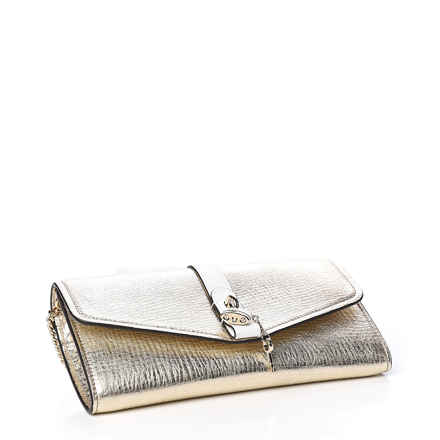 Metallic Textured Calfskin Aby Chain Wallet Gold