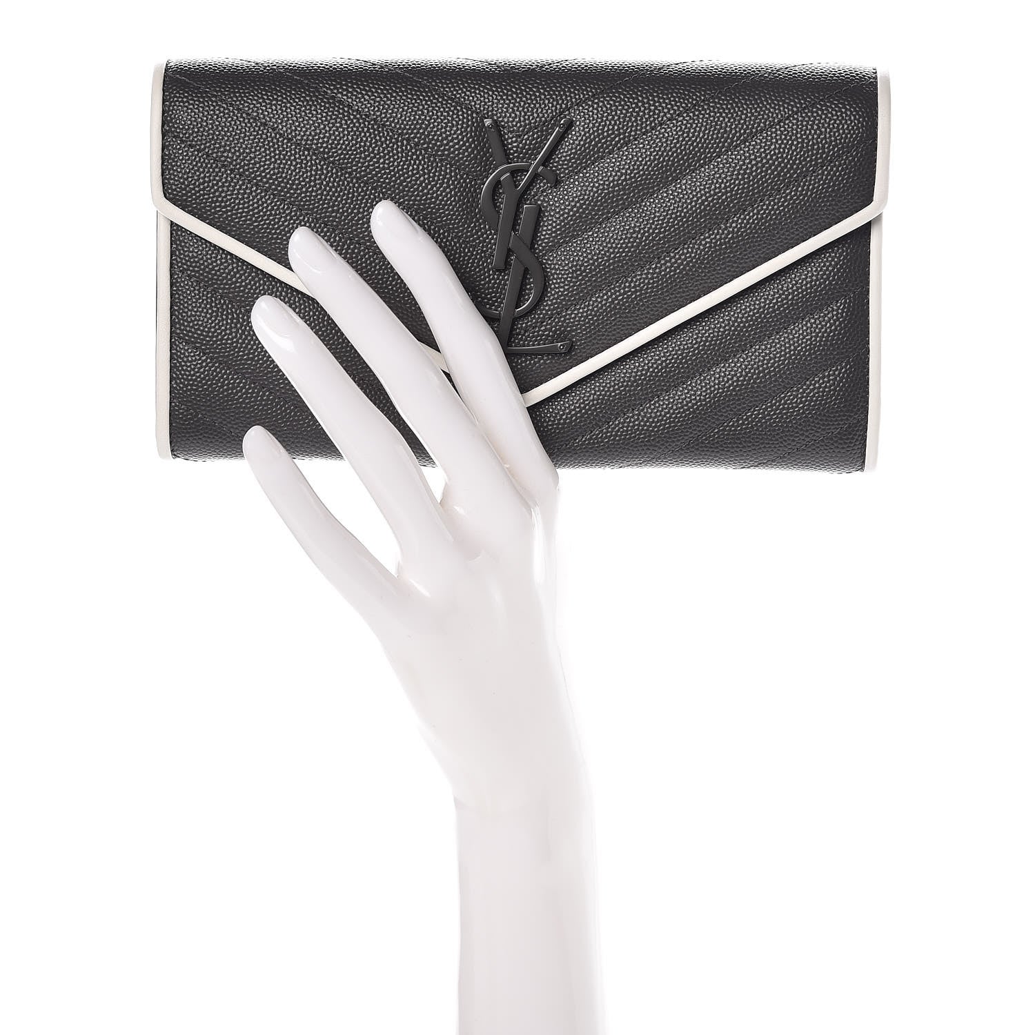 Saint Laurent Grain De Poudre Matelasse Large Monogram Flap Wallet Grey Dove White 2 of 9