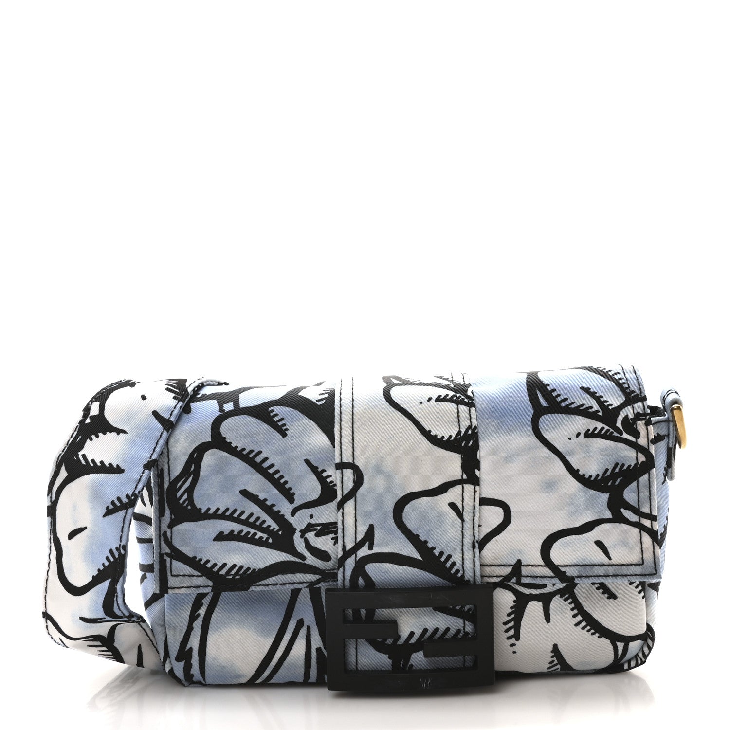Fendi X JOSHUA VIDES Nylon Flower Clouds Print Mini Belt Baguette White Celeste Black 1 of 10