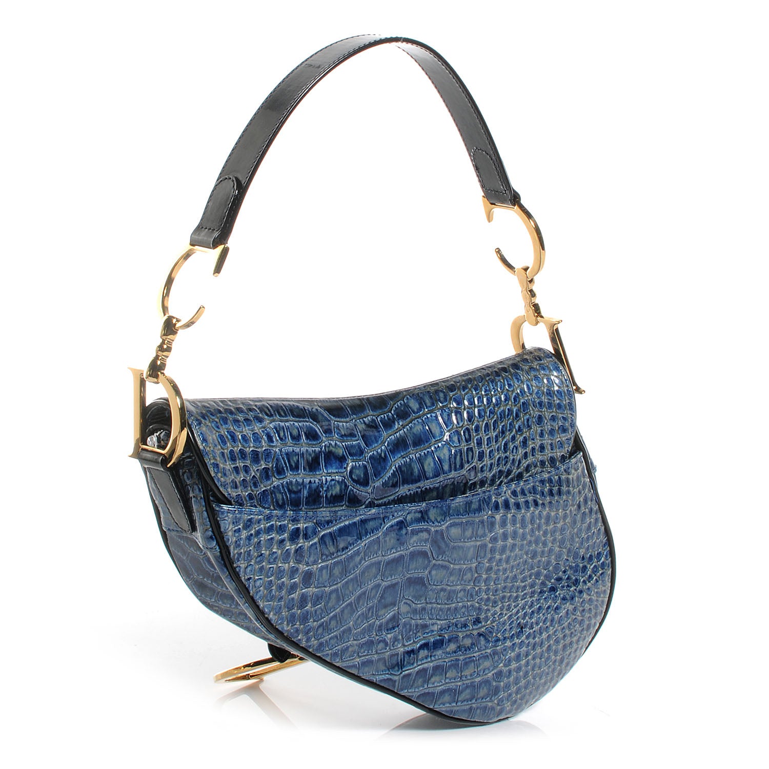 Christian Dior Calfskin Crocodile Embossed Saddle Bag Blue 3 of 7