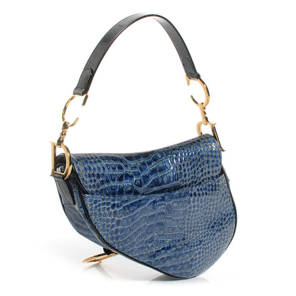 Christian Dior Calfskin Crocodile Embossed Saddle Bag Blue 3 of 7