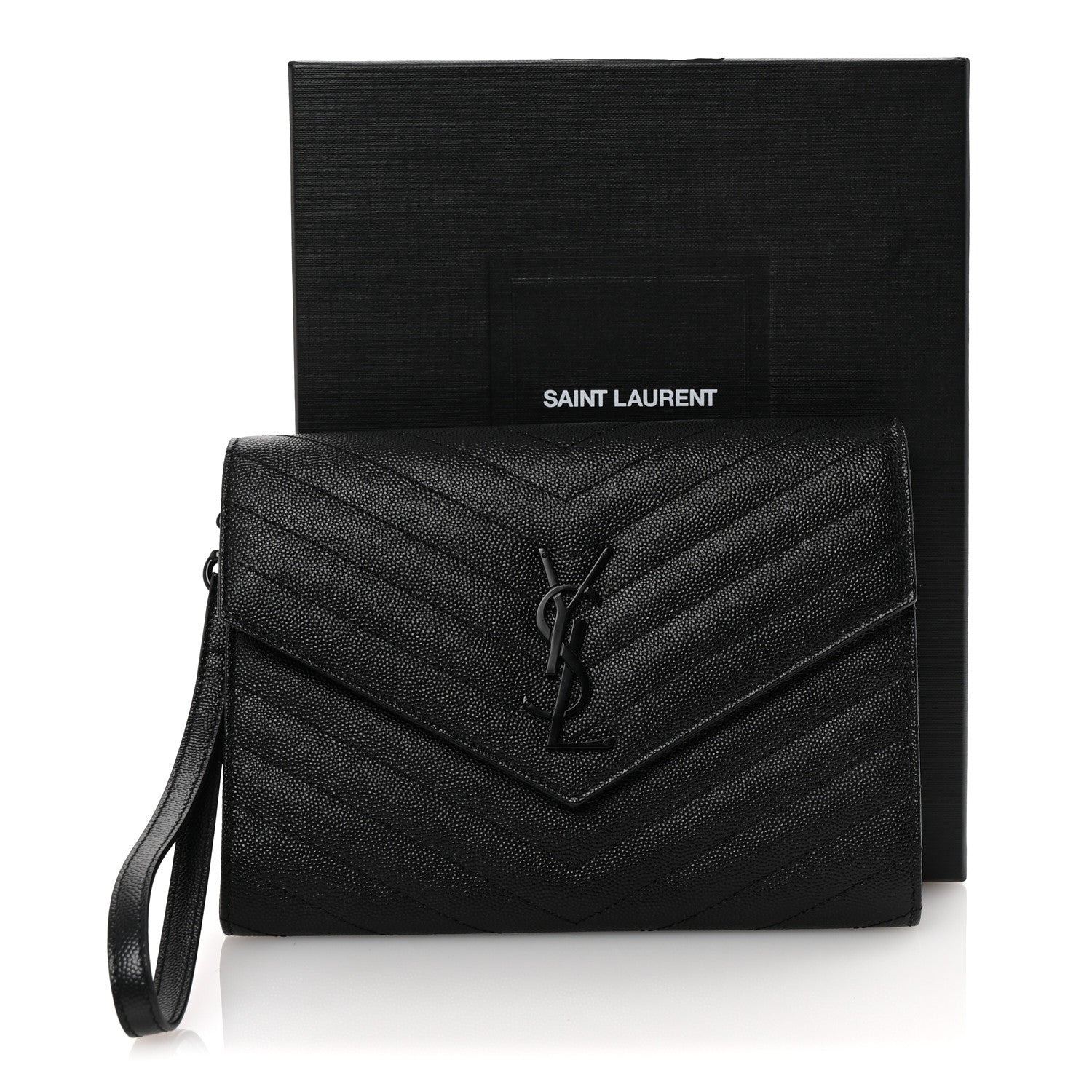 Saint Laurent Grain De Poudre Matelasse Chevron Monogram Monochrome Envelope Clutch Black 7 of 7