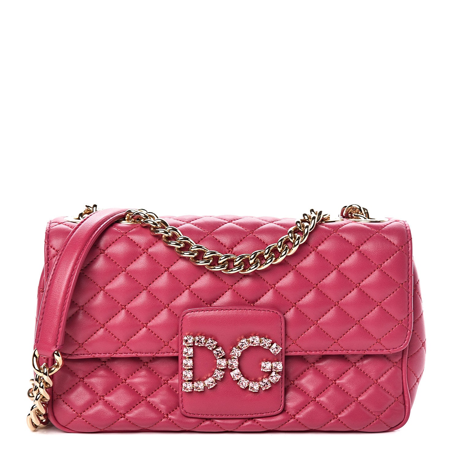 Dolce & Gabbana Lambskin Quilted Crystal Embellished Millennial Rectangular Shoulder Bag Fuchsia 1 of 9