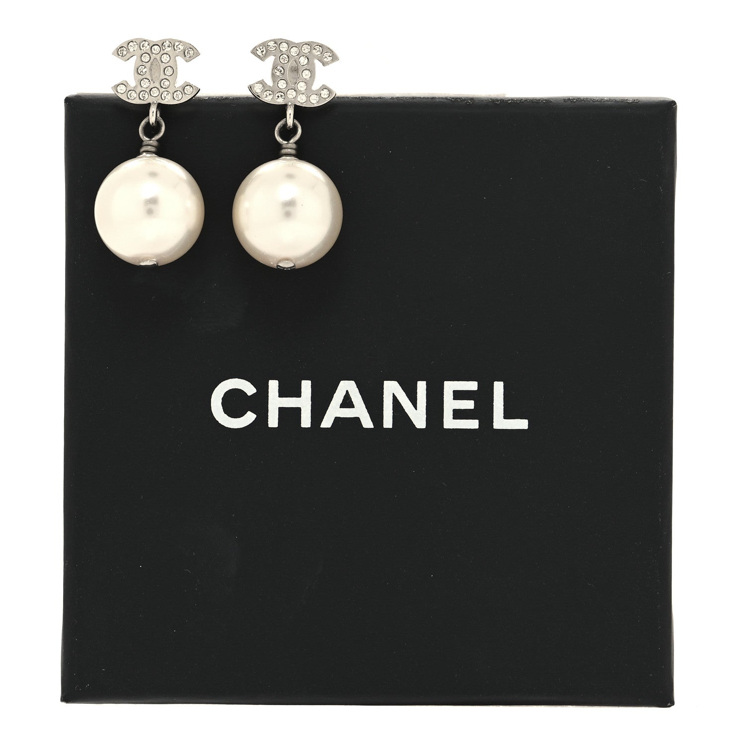 Chanel Crystal Pearl CC Drop Earrings Silver Pearly White 5 of 5