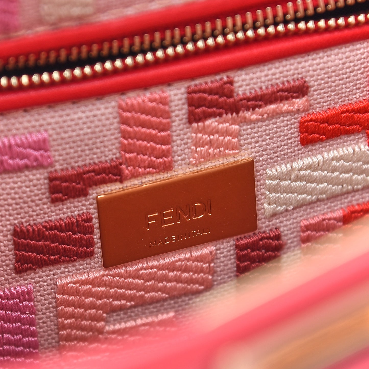 Vitello Seta Canvas FF Embroidered Mini Peekaboo Iconic Satchel Rosso Cardinale Multicolor
