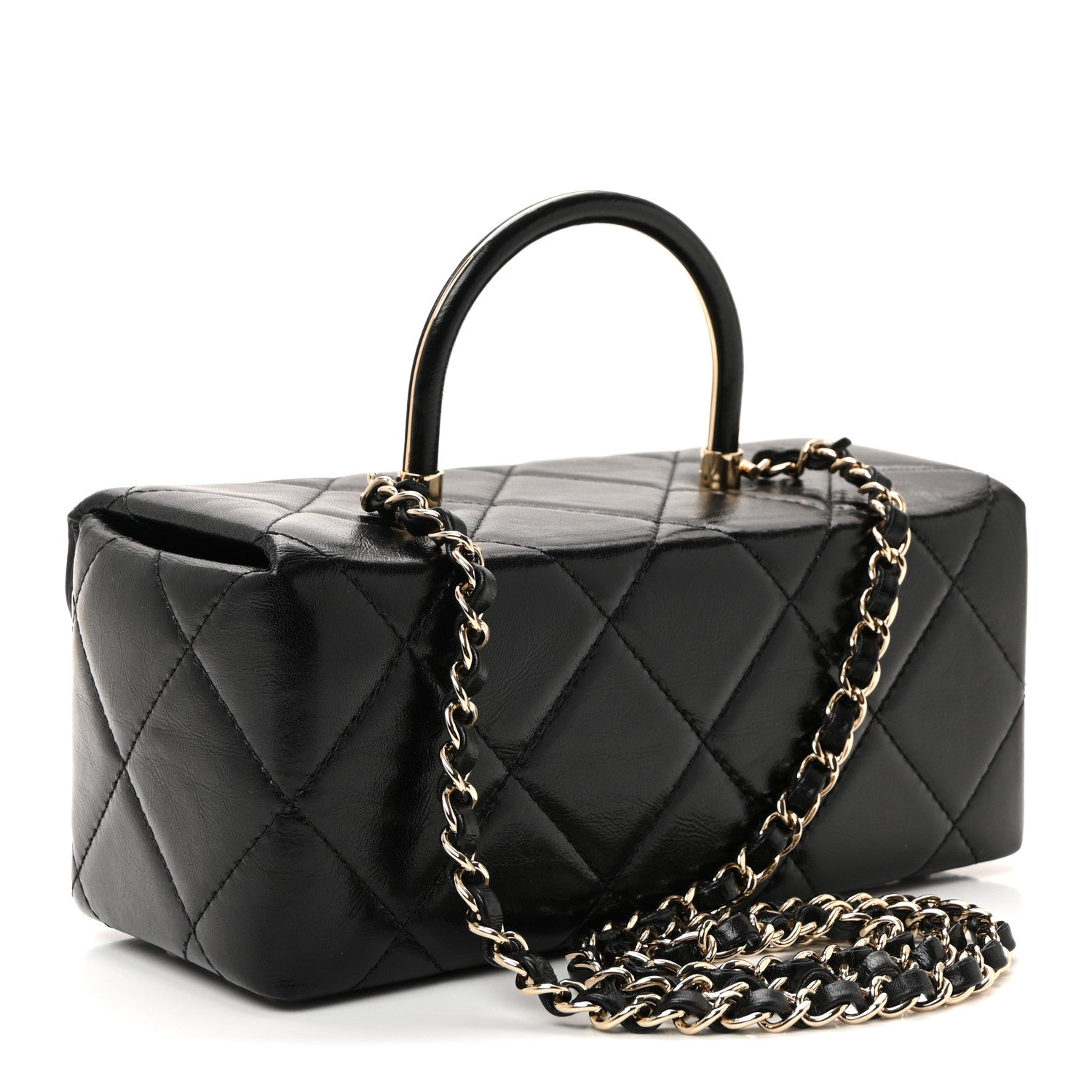 Chanel Shiny Calfskin Quilted Top Handle Box Bag Black 1818619