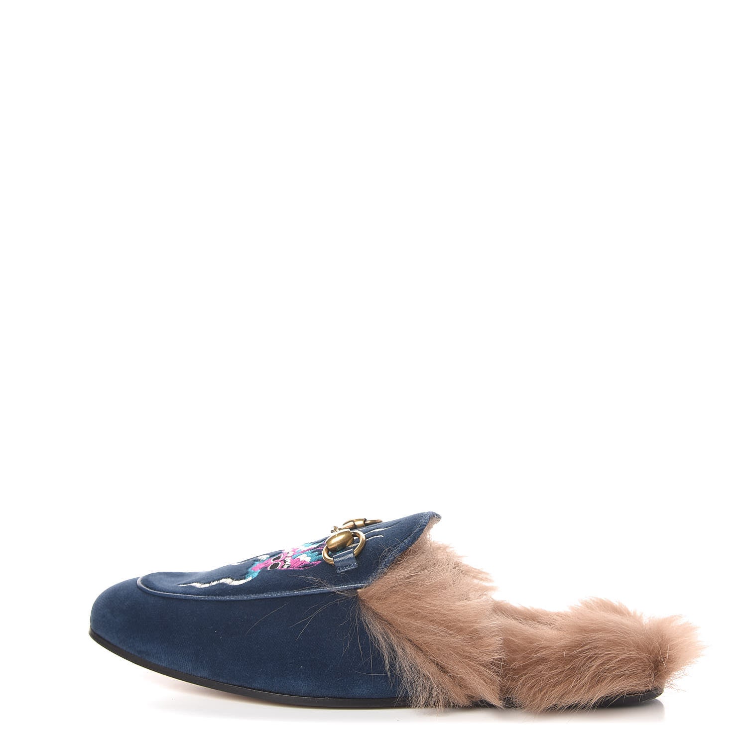 Gucci Velvet Fur Dragon Embroidered Mens Princetown Slippers 7 Zaffre Dark Zaffre 1 of 8