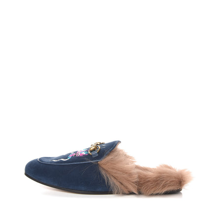 Gucci Velvet Fur Dragon Embroidered Mens Princetown Slippers 7 Zaffre Dark Zaffre 1 of 8