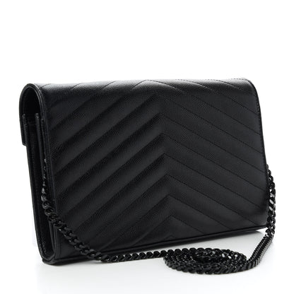 Saint Laurent Grain De Poudre Matelasse Chevron Monogram Chain Wallet Black 3 of 11