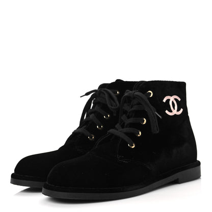 Chanel Velvet CC Lace Up Boots 37 Black 3 of 6