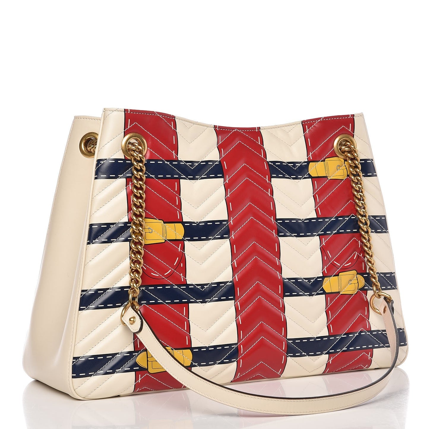 Calfskin Matelasse Trompe L'Oeil Print Medium GG Marmont Shoulder Tote Mystic White Hibiscus Red Marine Giallo