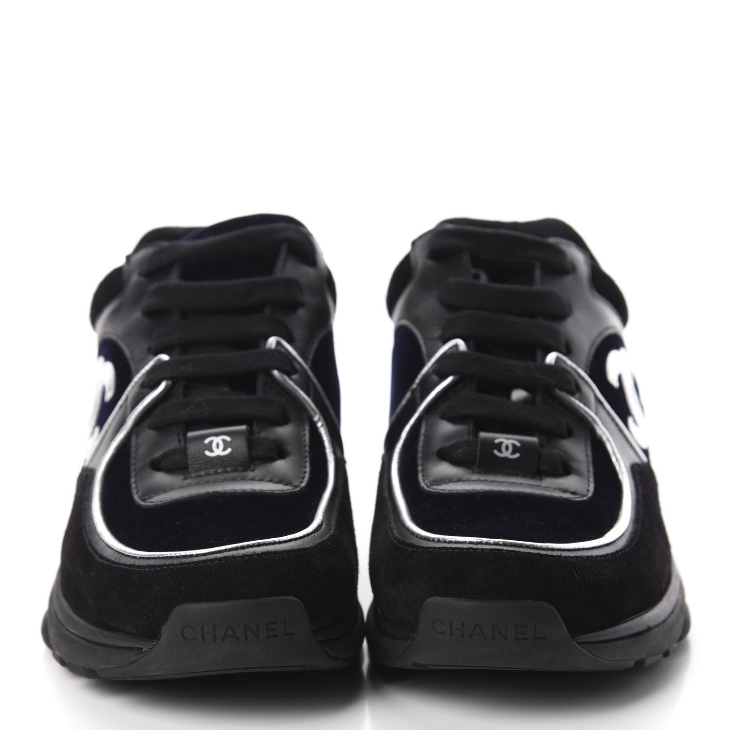 Chanel Suede Velvet Lambskin CC Sneakers 35 Black Blue Silver 2 of 8