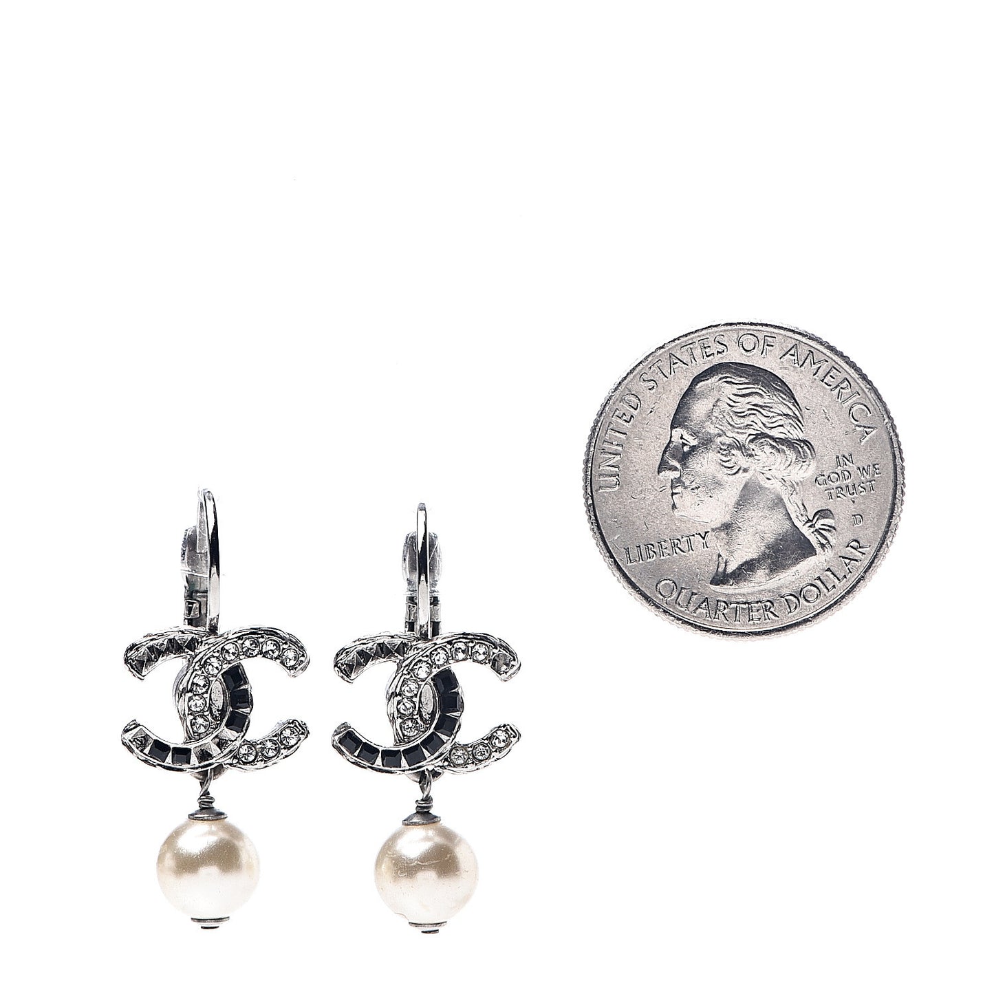 Baguette Crystal Pearl CC Drop Earrings Black Silver
