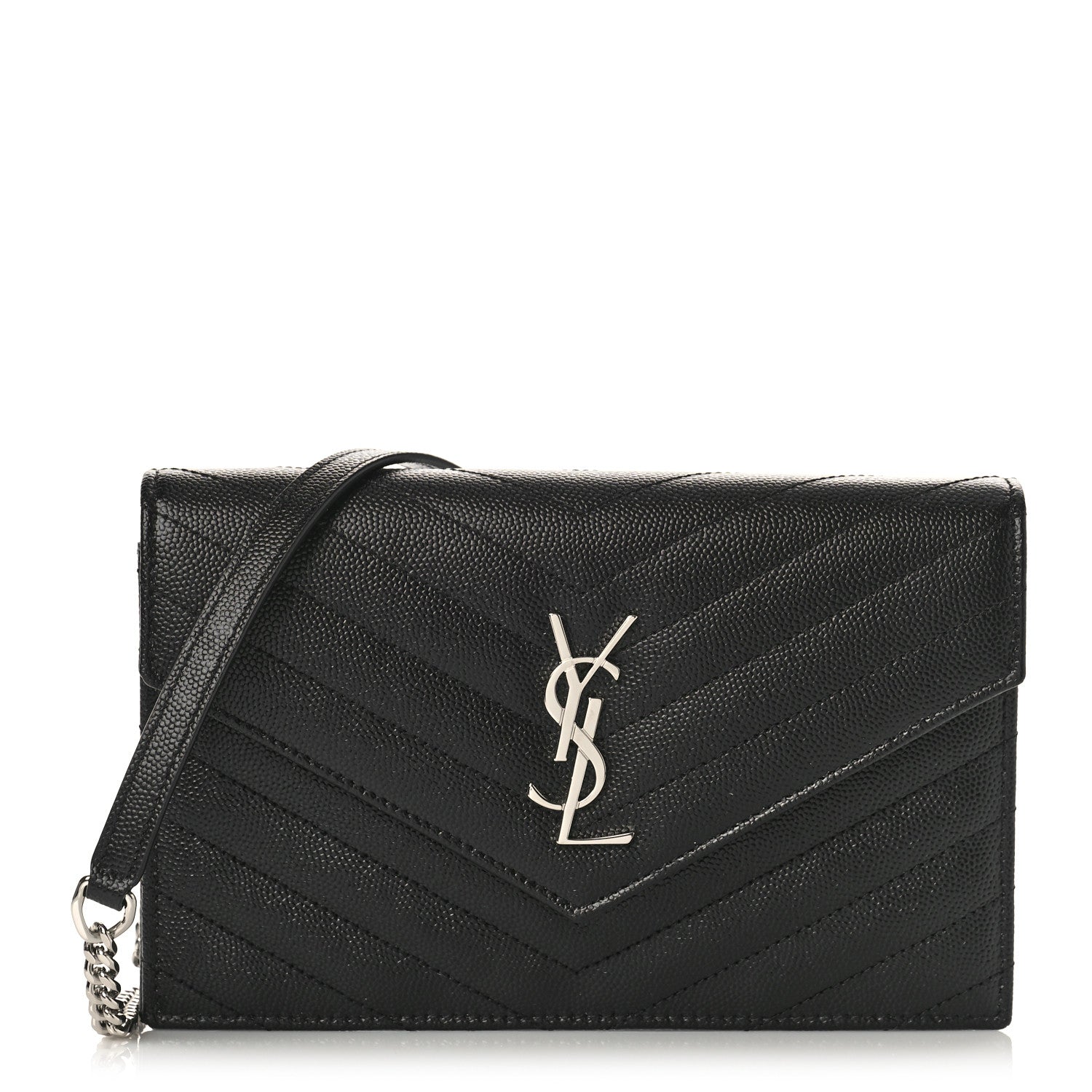 Saint Laurent Grain De Poudre Matelasse Chevron Monogram Envelope Chain Wallet Black 1 of 8