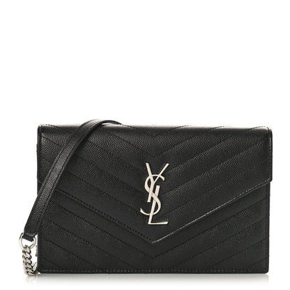 Saint Laurent Grain De Poudre Matelasse Chevron Monogram Envelope Chain Wallet Black 1 of 8