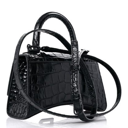 Balenciaga Calfskin Graffiti Logo Monochrome Crocodile Embossed Hourglass Top Handle Bag XS Black 3 of 16