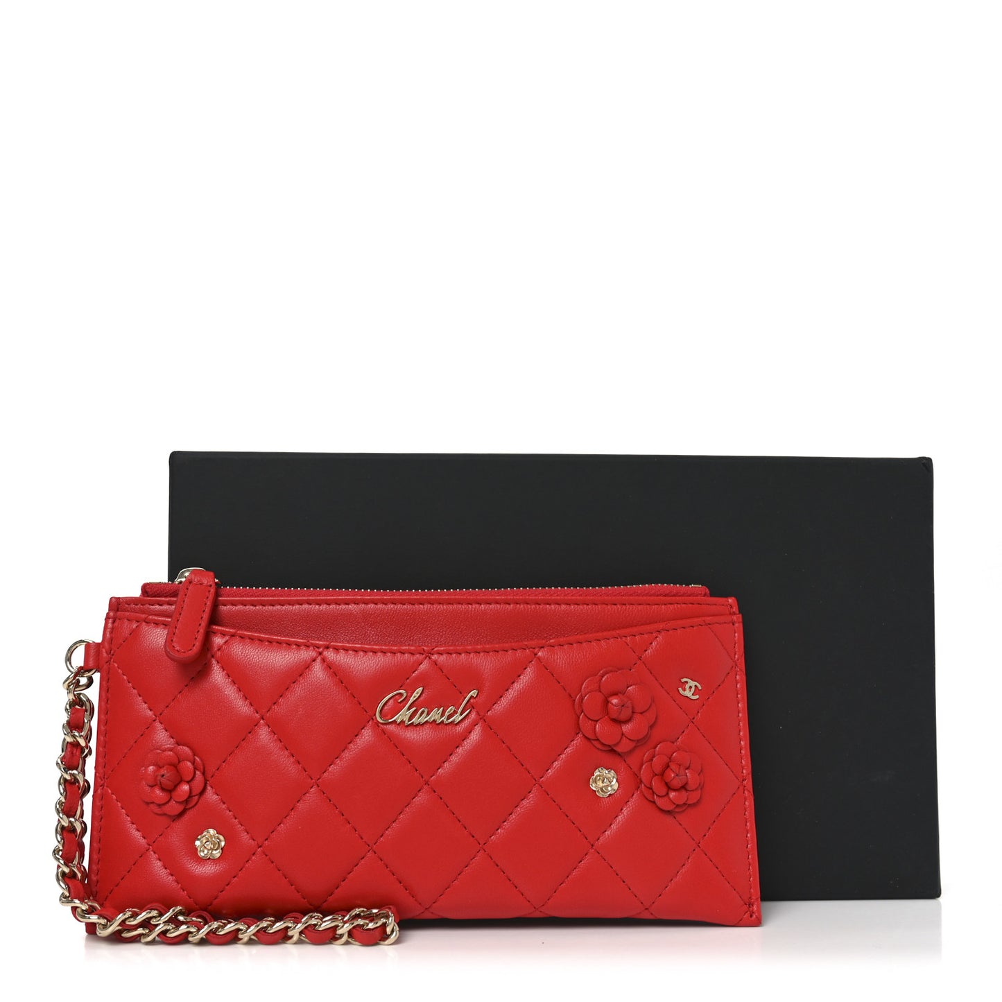 Lambskin Quilted Camellia CC Charm Wristlet Wallet Red