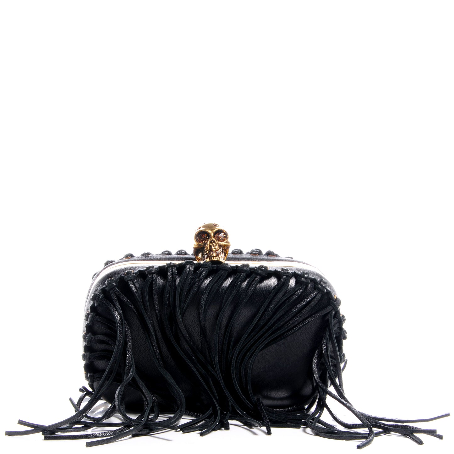 Leather Fringe Crystal Skull Box Clutch Black