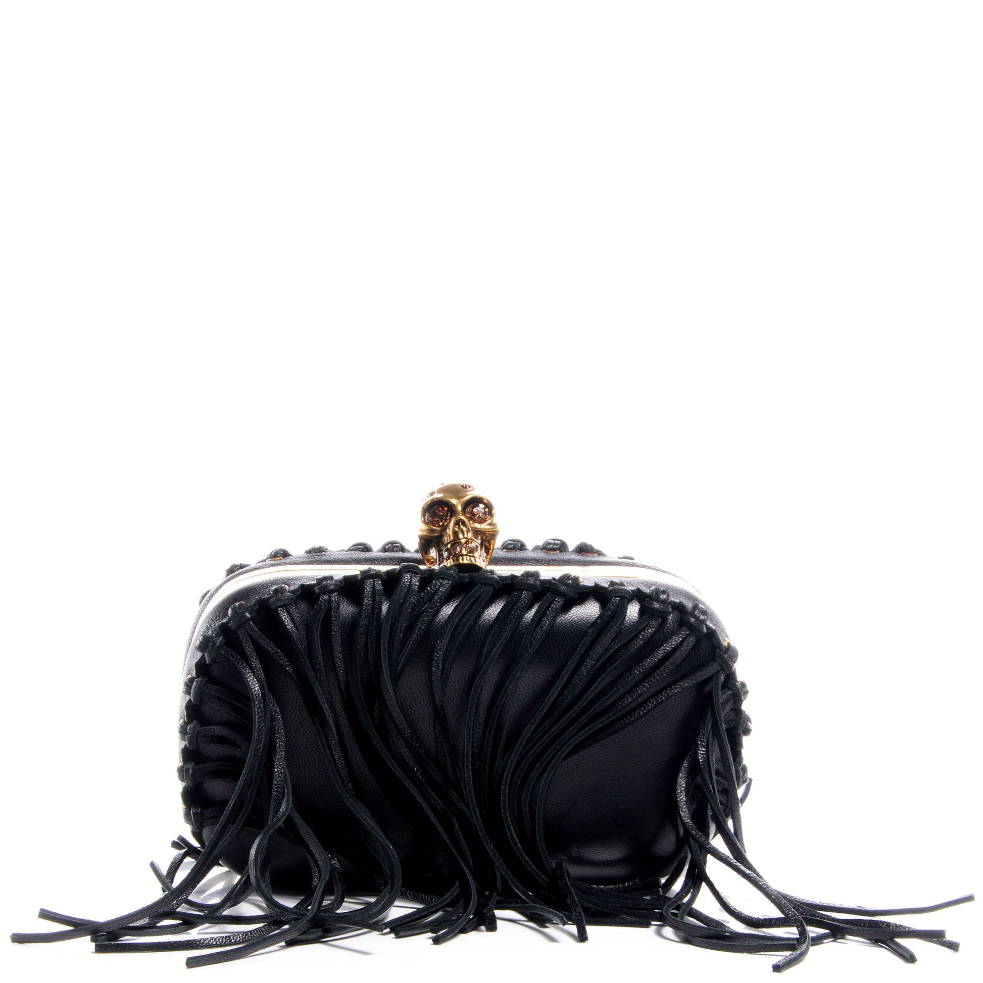 Alexander McQueen Leather Fringe Crystal Skull Box Clutch Black 1 of 10