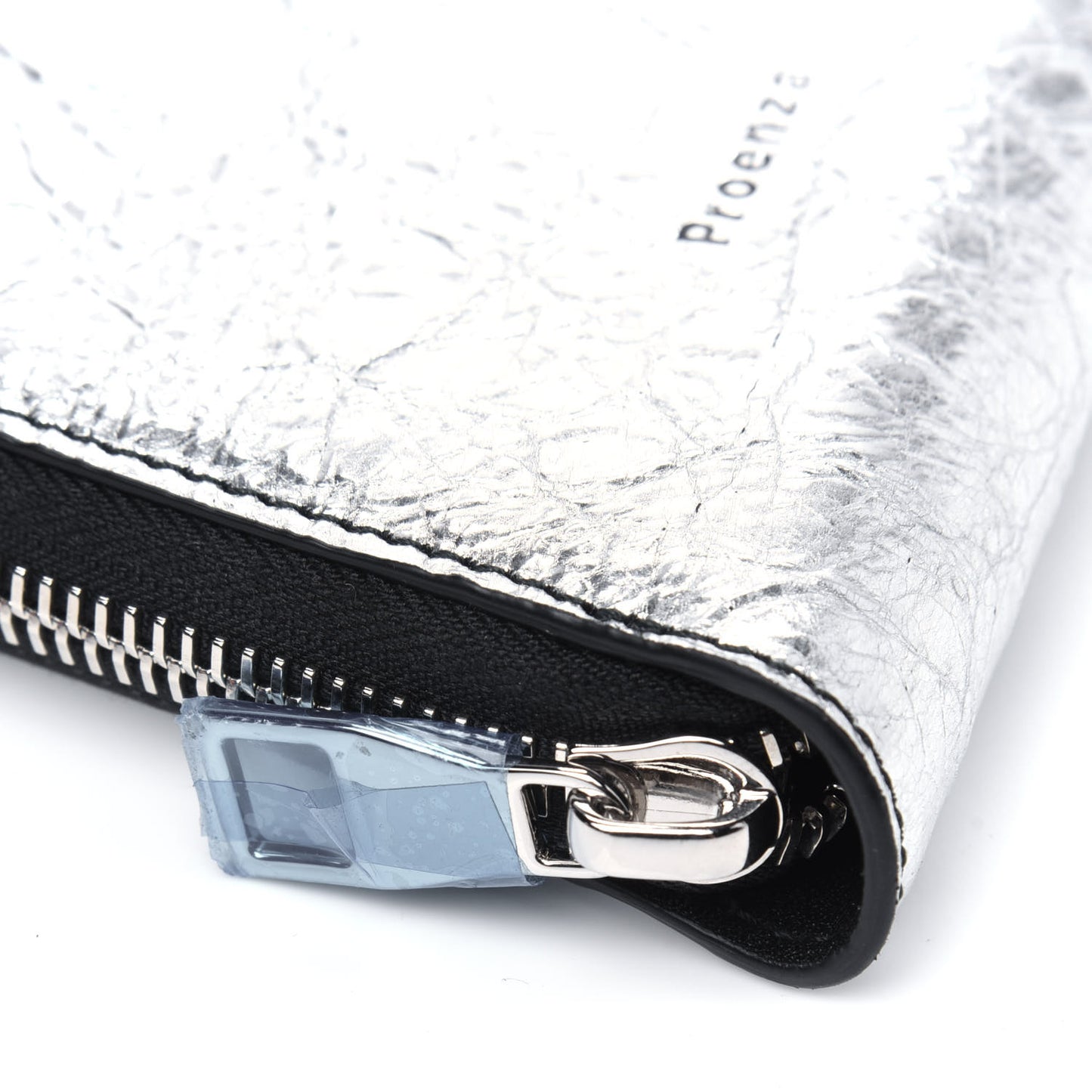 Metallic Crinkled Calfskin Zip Compact Wallet Silver