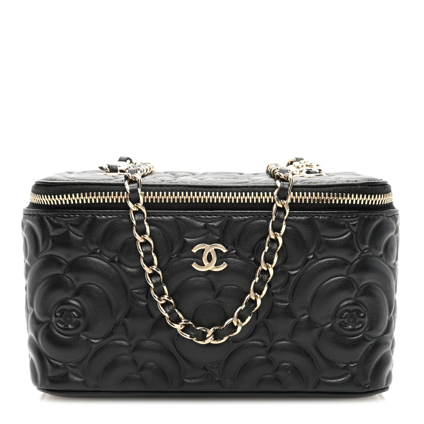 Lambskin Camellia Embossed Small Vanity Case With Chain Black