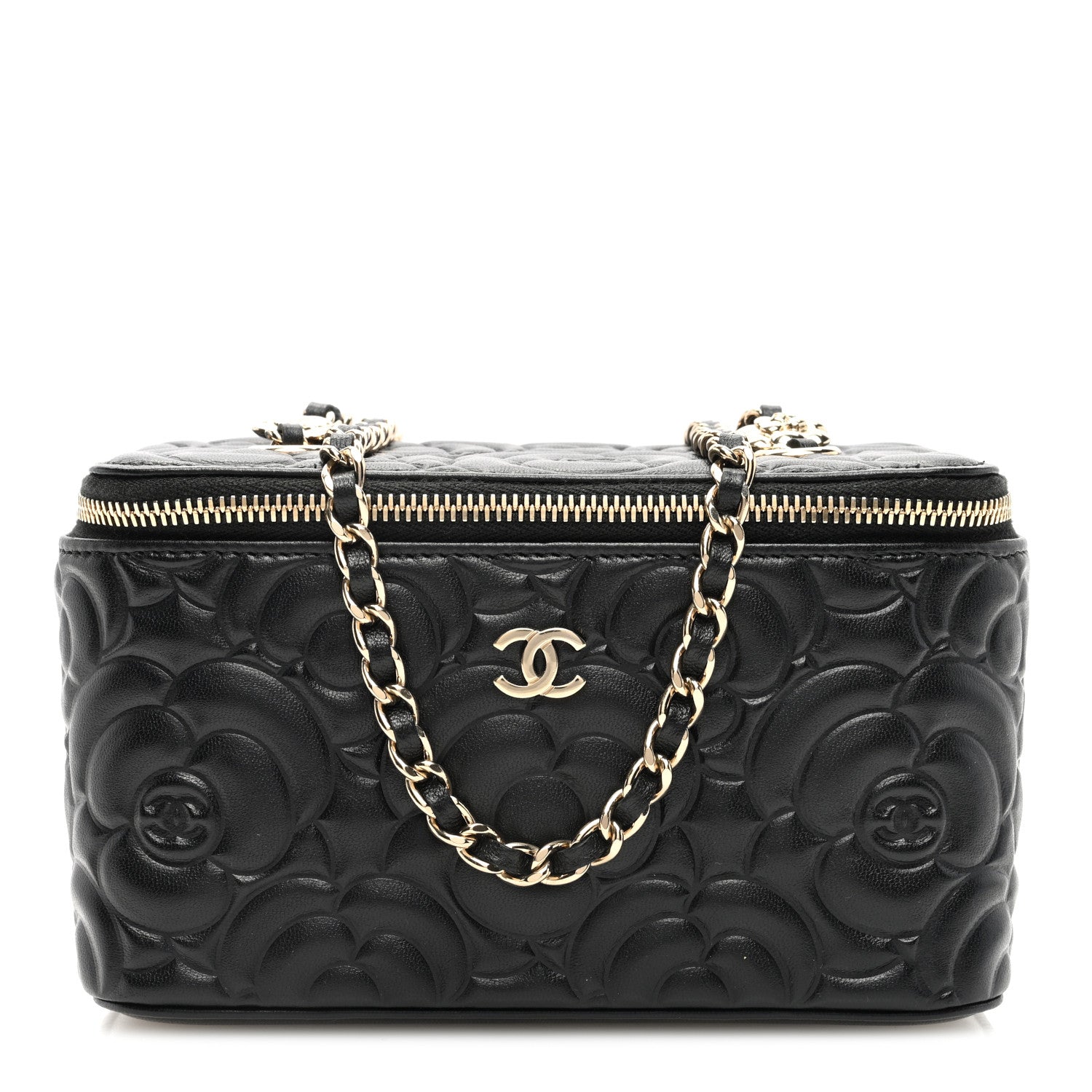 Chanel Lambskin Camellia Embossed Small Vanity Case With Chain Black 1 of 10