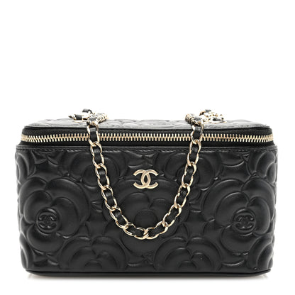 Chanel Lambskin Camellia Embossed Small Vanity Case With Chain Black 1 of 10