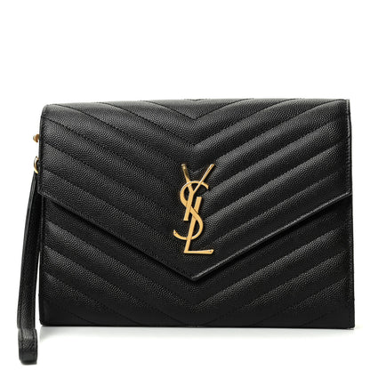 Saint Laurent Grain De Poudre Matelasse Chevron Monogram Envelope Clutch Black 1 of 6
