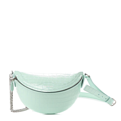Balenciaga Shiny Calfskin Crocodile Embossed XXS Souvenir Belt Bag Green 1 of 8