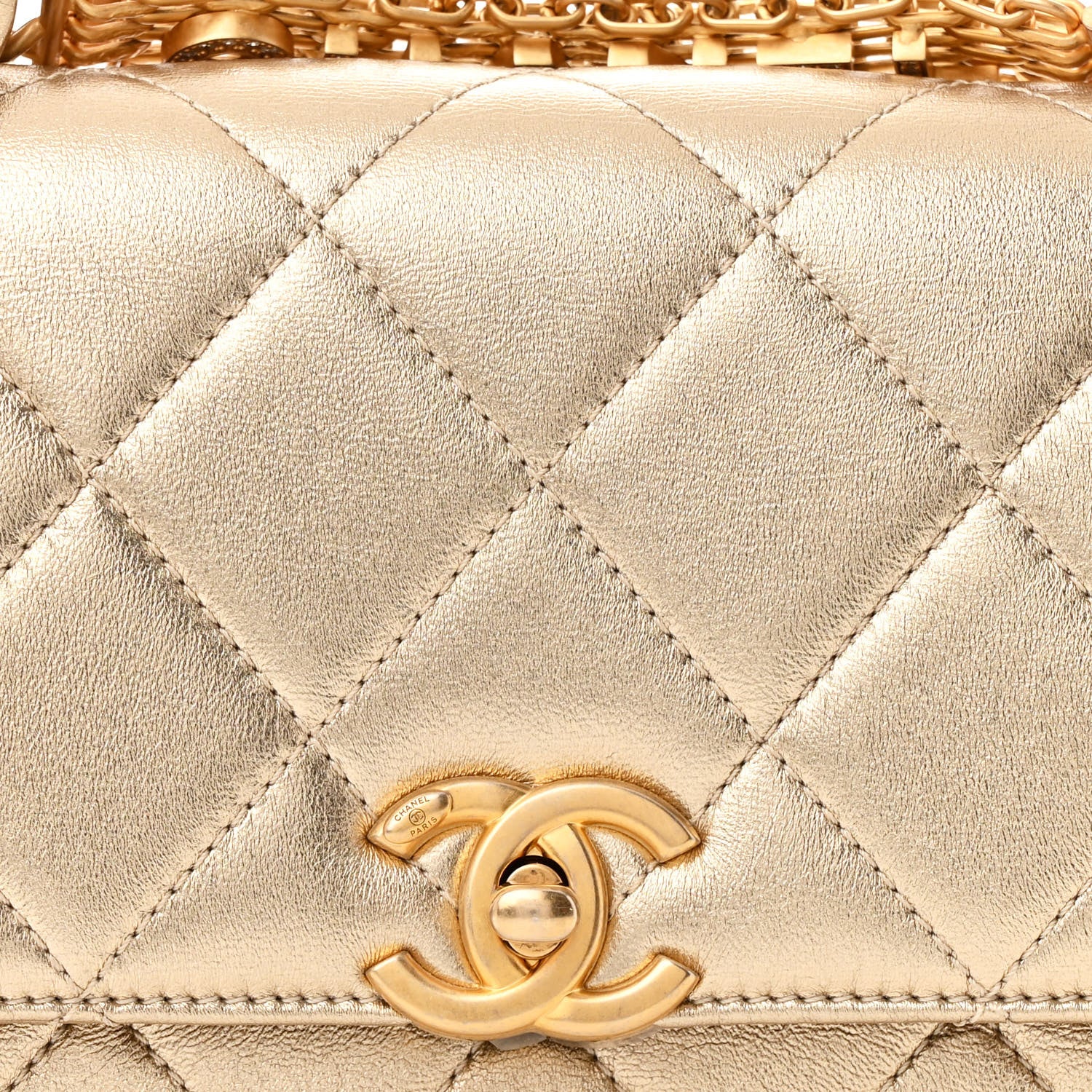 Chanel Metallic Lambskin Quilted Mini CC Crystal Logo Chain Flap Gold 8 of 10