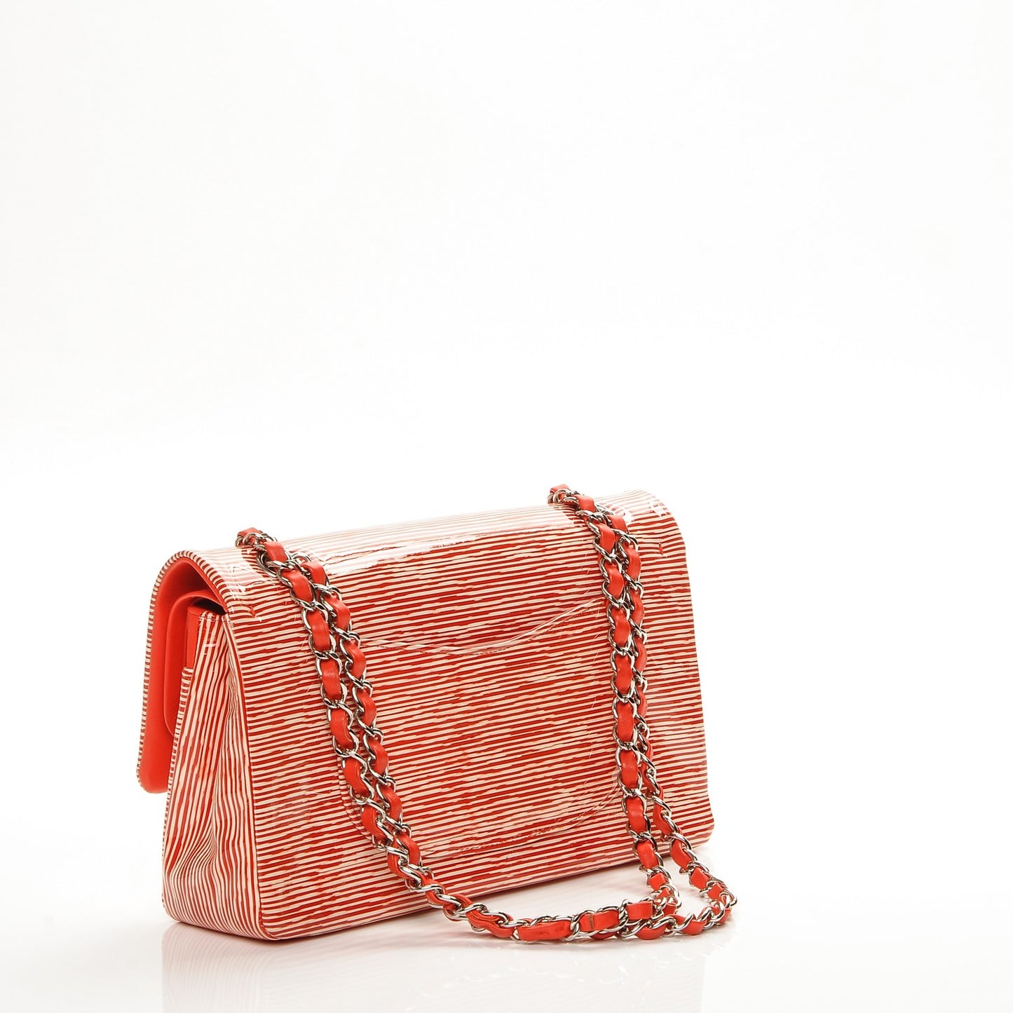 Patent Calfskin Striped Medium Double Flap Red