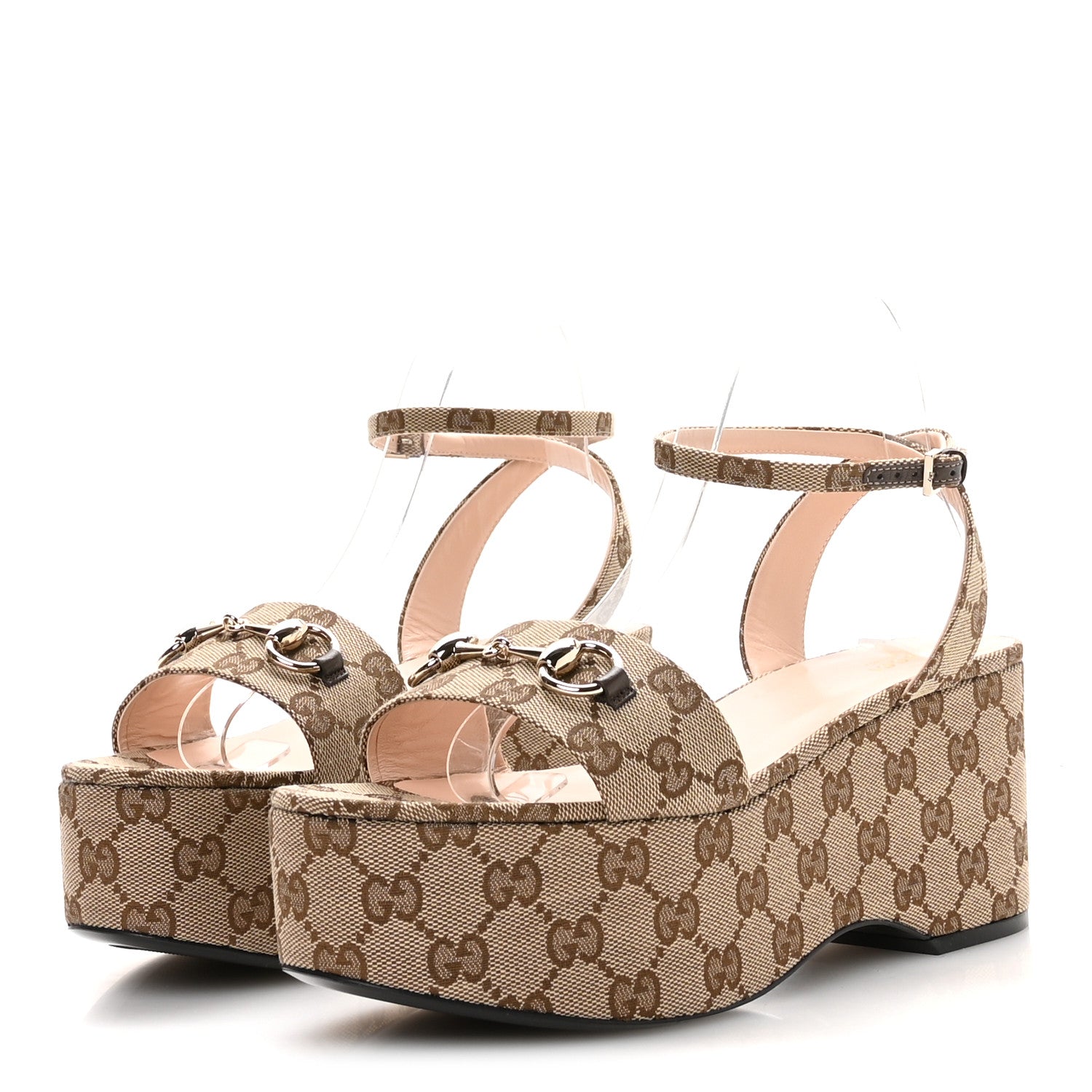 Gucci Monogram Nappa Chalotte Horsebit Ankle Strap 75mm Flatform Sandals 40.5 Beige Ebony 4 of 8