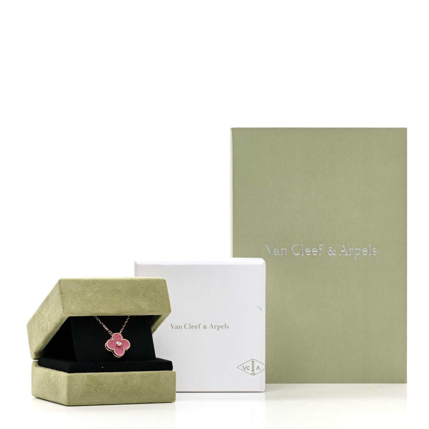 Van Cleef & Arpels 18K Rose Gold Diamond Rhodonite Vintage Alhambra Pendant Necklace 6 of 6