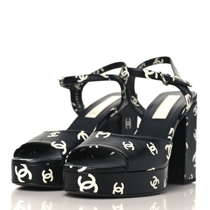 Chanel Printed Lambskin Coco Beach Platform Sandals 40 Black White 3 of 9